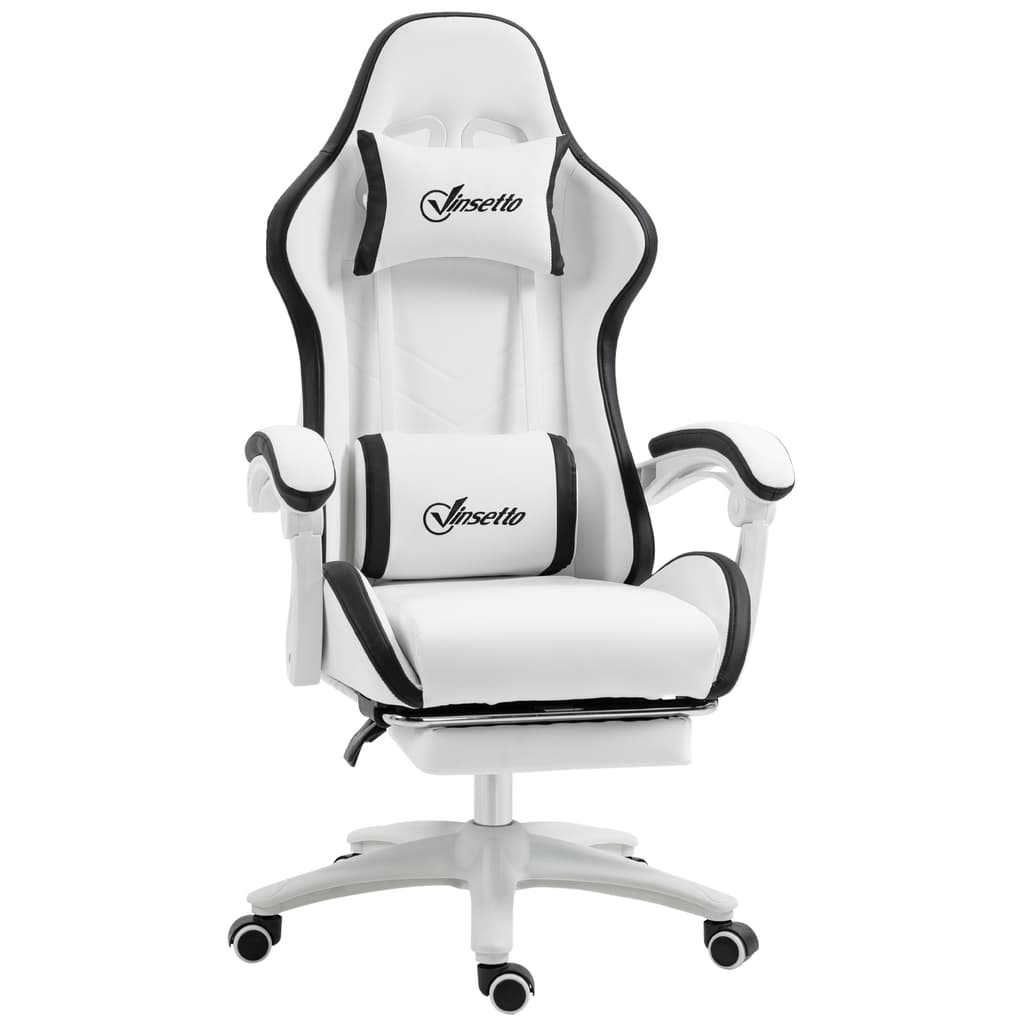 Vinsetto Computer Gaming Chair, PU Leather Office Desk Chair With Footrest, Swivel Wheels, 135° Reclining Back, Lumbar Support, Headrest For Home, White And Black