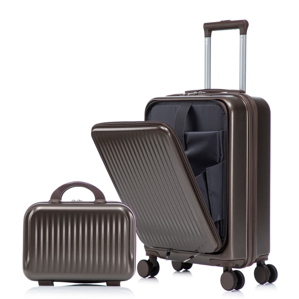 14  20 2 Pcs  Set In ABS Spinner Wheel Luggage, With Combination Lock And Front Opening Design, 14 Cosmetic Case Brown