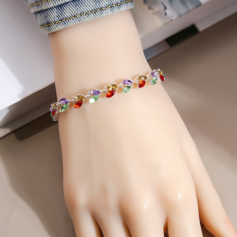 INS Style Colorful Crystal Bracelet For Women, Fashion Light Luxury Inlaid Zircon Willow Leaf Bracelet, Niche Design Personality Jewelry Wholesale