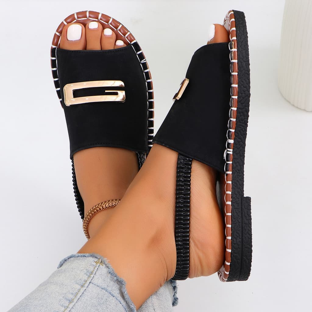 Womens Fabric Strap Flat Sandals With Elastic Band And Buckle