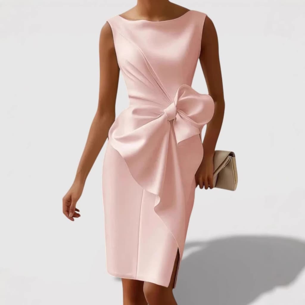 Mid-length Fitted Dress With A Cinched Waist And Bow Detail
