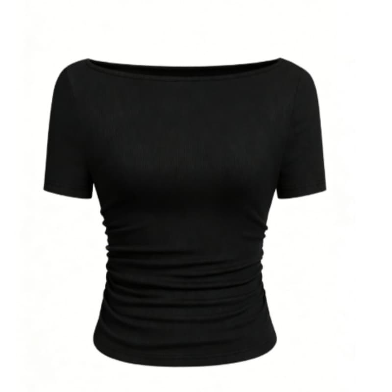 European And American-style Chic T-shirt In Solid Color With A Boat Neck And Flared Sleeves