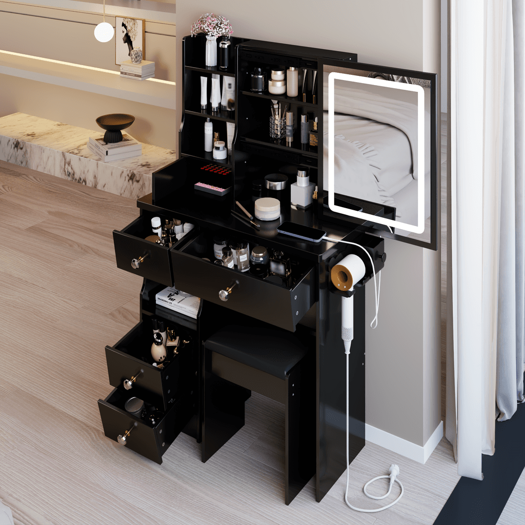 29.2 Small Size Drawer Desktop Vanity Table Cushioned Stool, 2 AC-2 USB Power Station, Hair Dryer Bracket, Extra Large Touch Control Sliding LED Mirror, 3-color Switching, EPA, GCC, UL Certificate