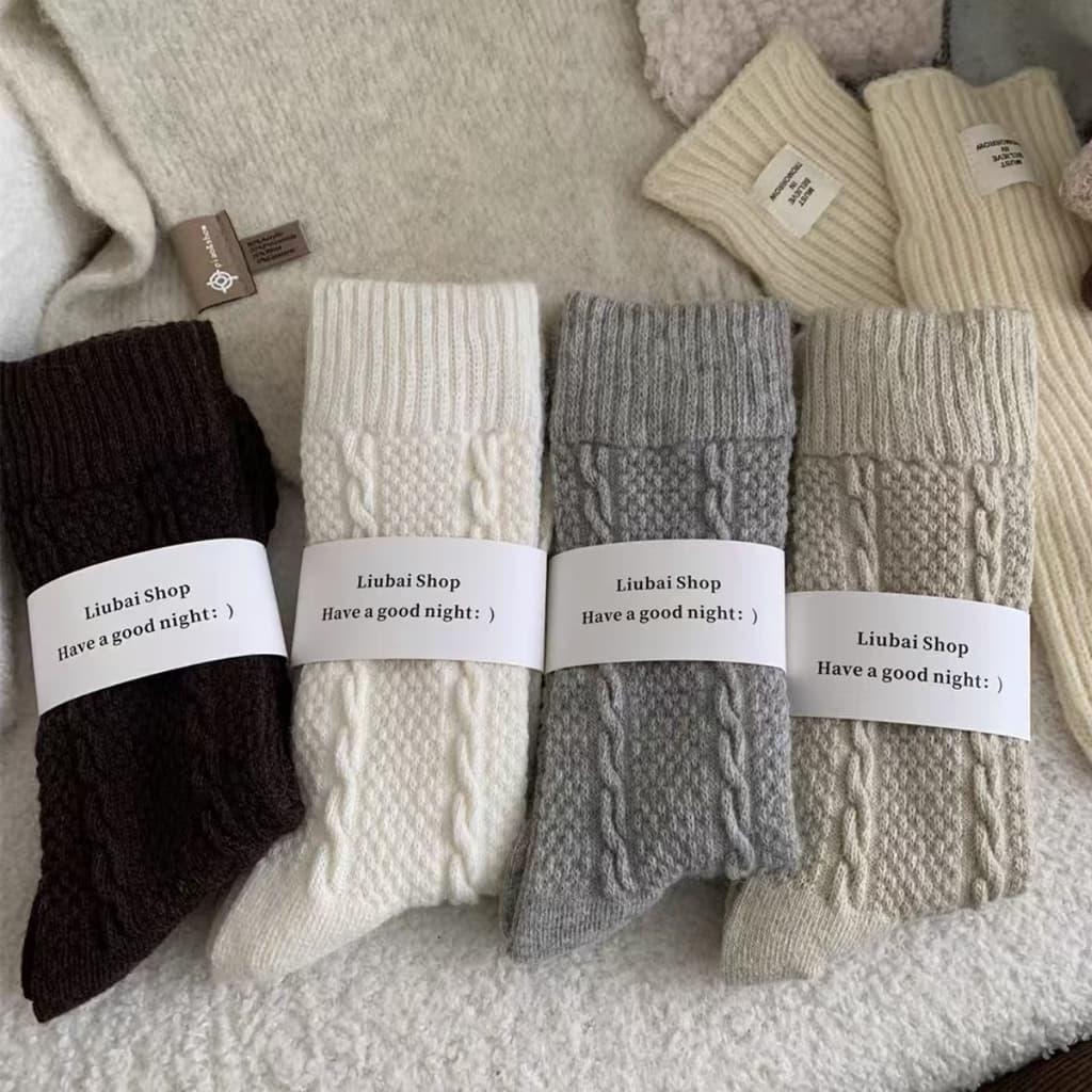 Womens Cable-Knit Wool-Blend Thickened Fleece-Lined Plush Warm Sleep Socks For Winter